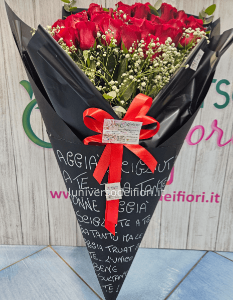 Super cono con dedica geolier canzone stelle15 rose rosse
